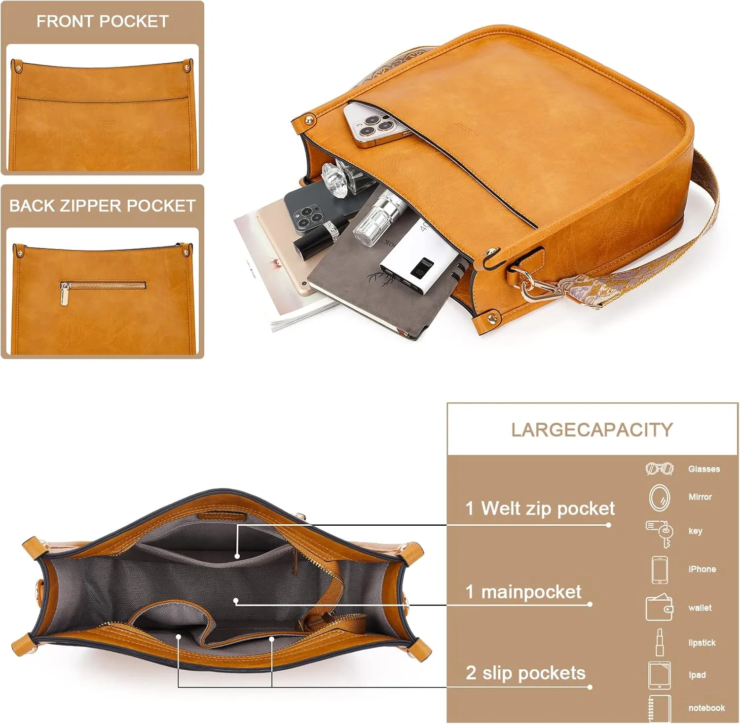 HKCLUF Vegan Leather Crossbody Bags Purse for Women Trendy Tassel Hobo Handbag Women With 2PCS Adjustable Guitar Strap