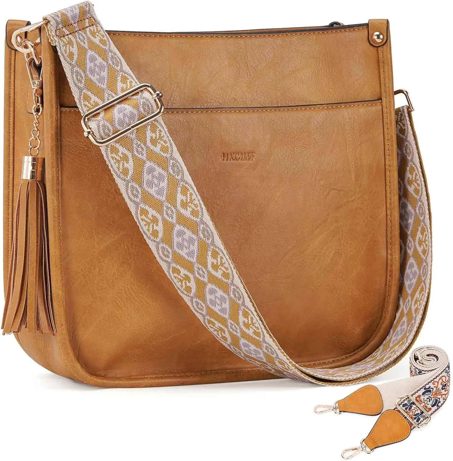 HKCLUF Vegan Leather Crossbody Bags Purse for Women Trendy Tassel Hobo Handbag Women With 2PCS Adjustable Guitar Strap