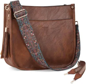 HKCLUF Vegan Leather Crossbody Bags Purse for Women Trendy Tassel Hobo Handbag Women With 2PCS Adjustable Guitar Strap