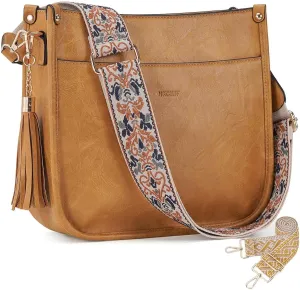 HKCLUF Vegan Leather Crossbody Bags Purse for Women Trendy Tassel Hobo Handbag Women With 2PCS Adjustable Guitar Strap