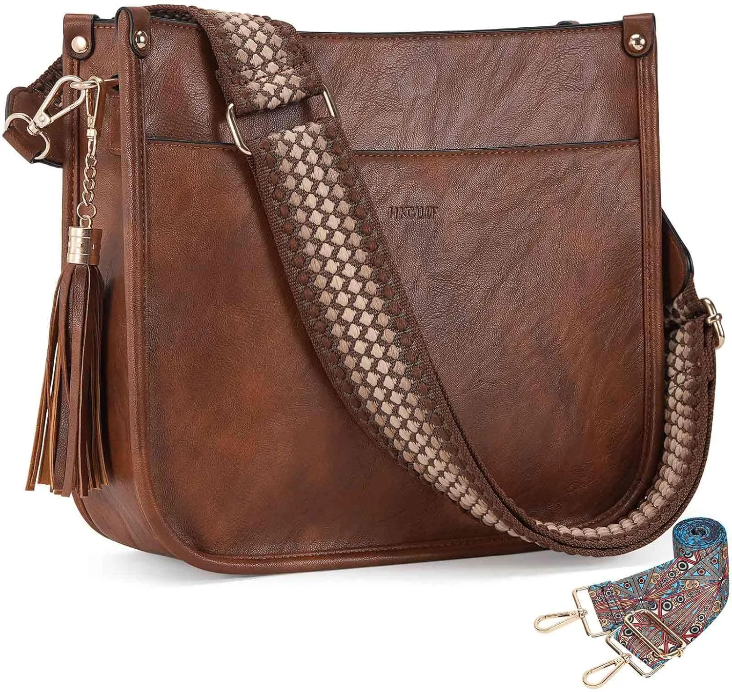 HKCLUF Vegan Leather Crossbody Bags Purse for Women Trendy Tassel Hobo Handbag Women With 2PCS Adjustable Guitar Strap