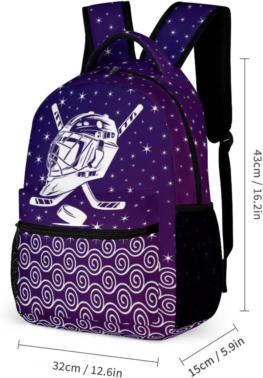Hockey Backpack for Kids Girls Boys School, 16 Inches Cool Hockey Ball Theme Bookbag, Adjustable, Lightweight, Large Capacity, Colorful Daily Casual Purple Backpacks