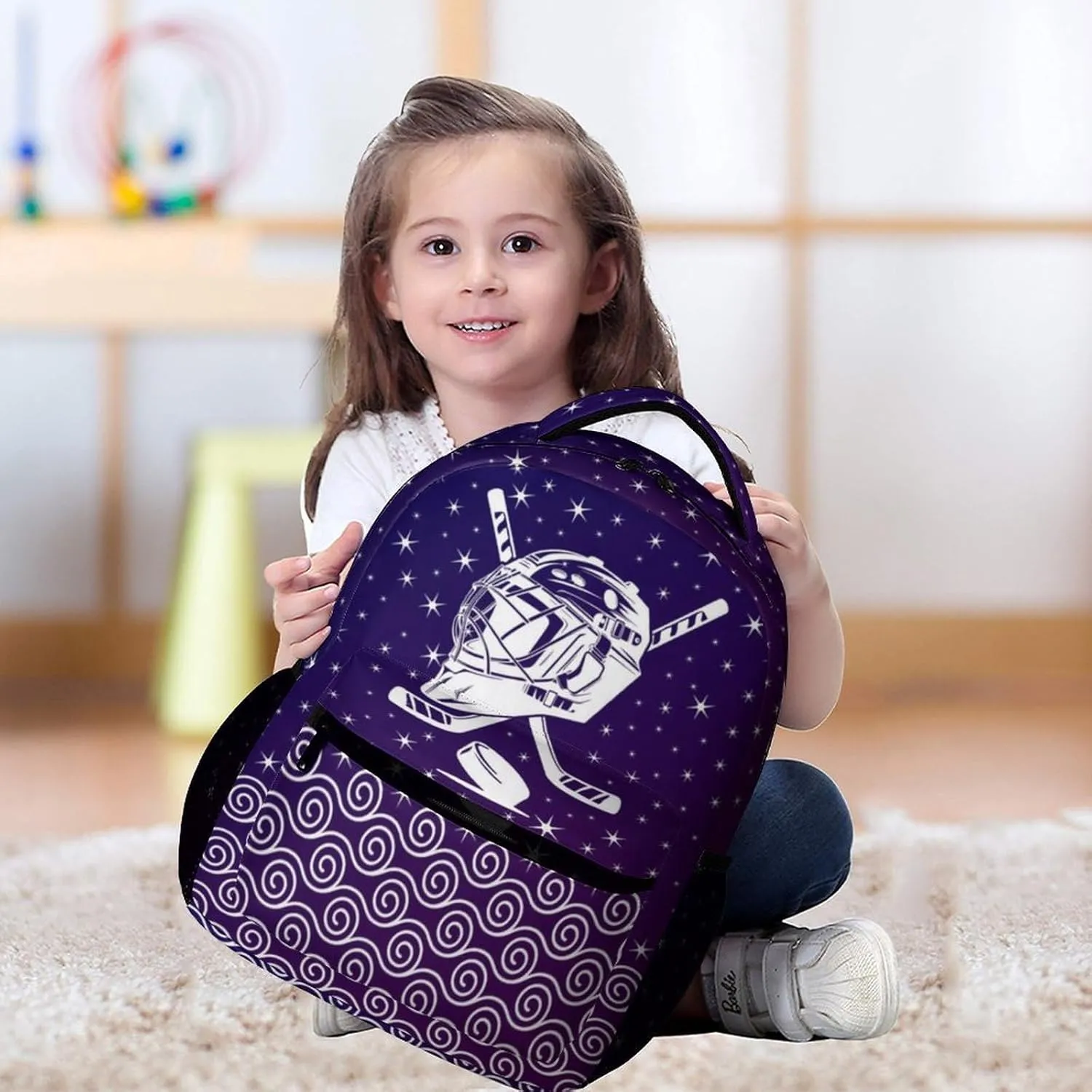 Hockey Backpack for Kids Girls Boys School, 16 Inches Cool Hockey Ball Theme Bookbag, Adjustable, Lightweight, Large Capacity, Colorful Daily Casual Purple Backpacks