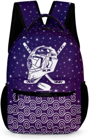Hockey Backpack for Kids Girls Boys School, 16 Inches Cool Hockey Ball Theme Bookbag, Adjustable, Lightweight, Large Capacity, Colorful Daily Casual Purple Backpacks