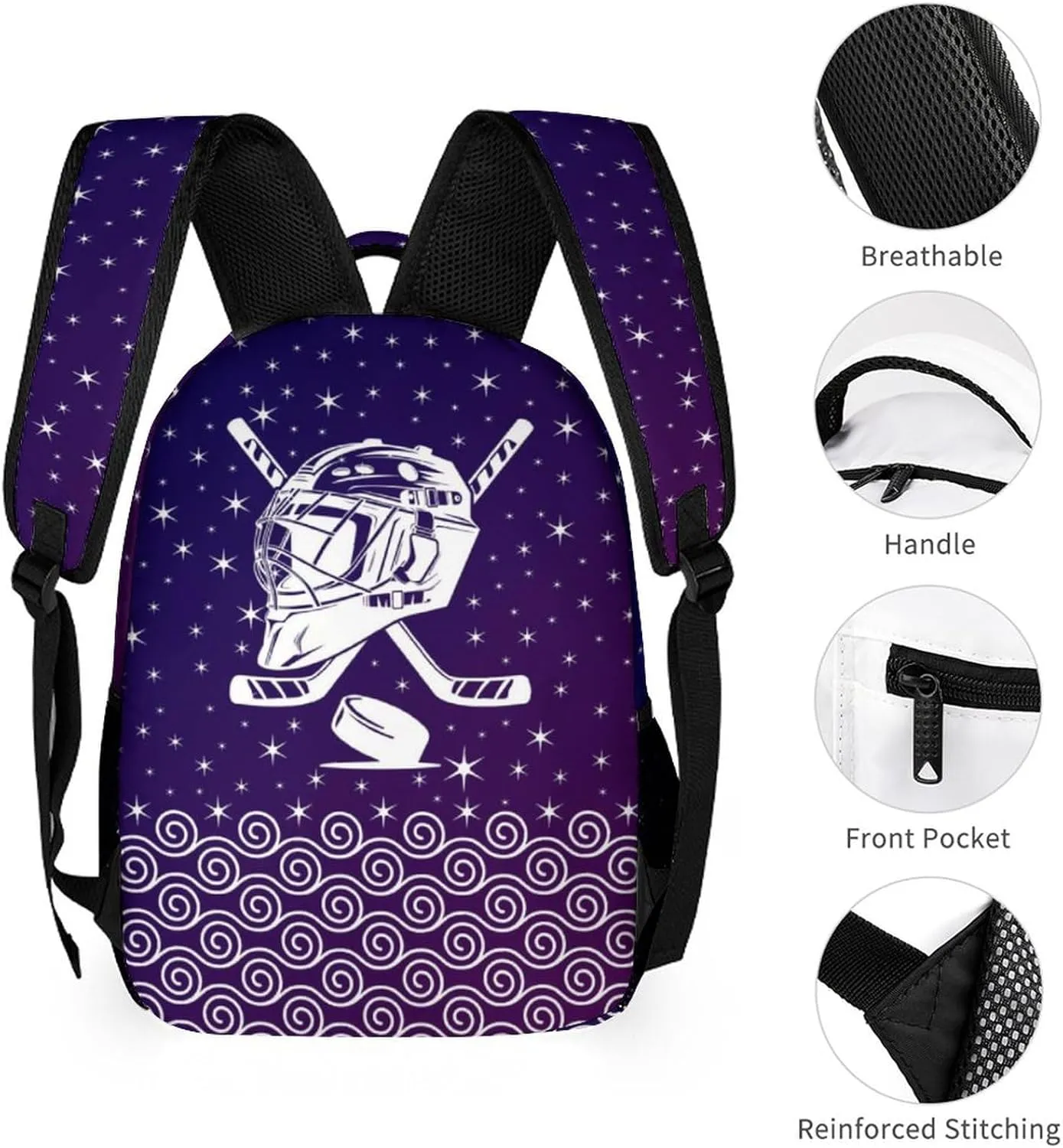 Hockey Backpack for Kids Girls Boys School, 16 Inches Cool Hockey Ball Theme Bookbag, Adjustable, Lightweight, Large Capacity, Colorful Daily Casual Purple Backpacks