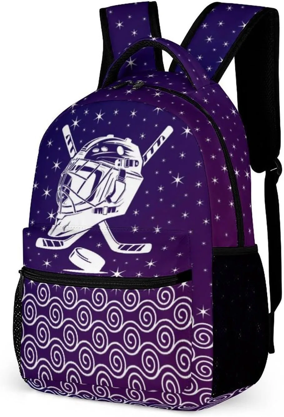 Hockey Backpack for Kids Girls Boys School, 16 Inches Cool Hockey Ball Theme Bookbag, Adjustable, Lightweight, Large Capacity, Colorful Daily Casual Purple Backpacks