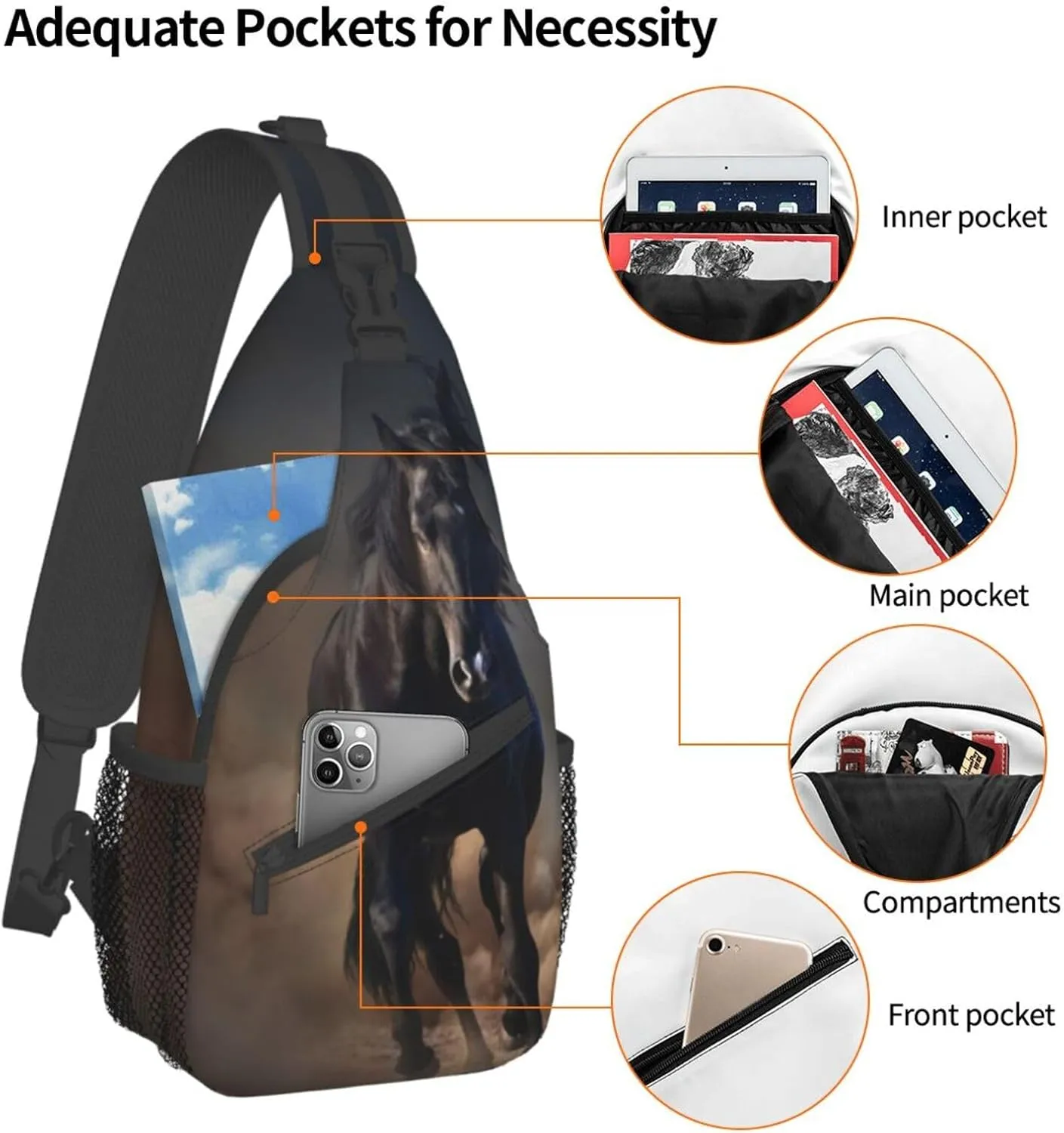 Horse Sling Bag Animal Crossbody Chest Daypack Casual Backpack Horse Shoulder Bag Horse Hiking Bag Cute Bag