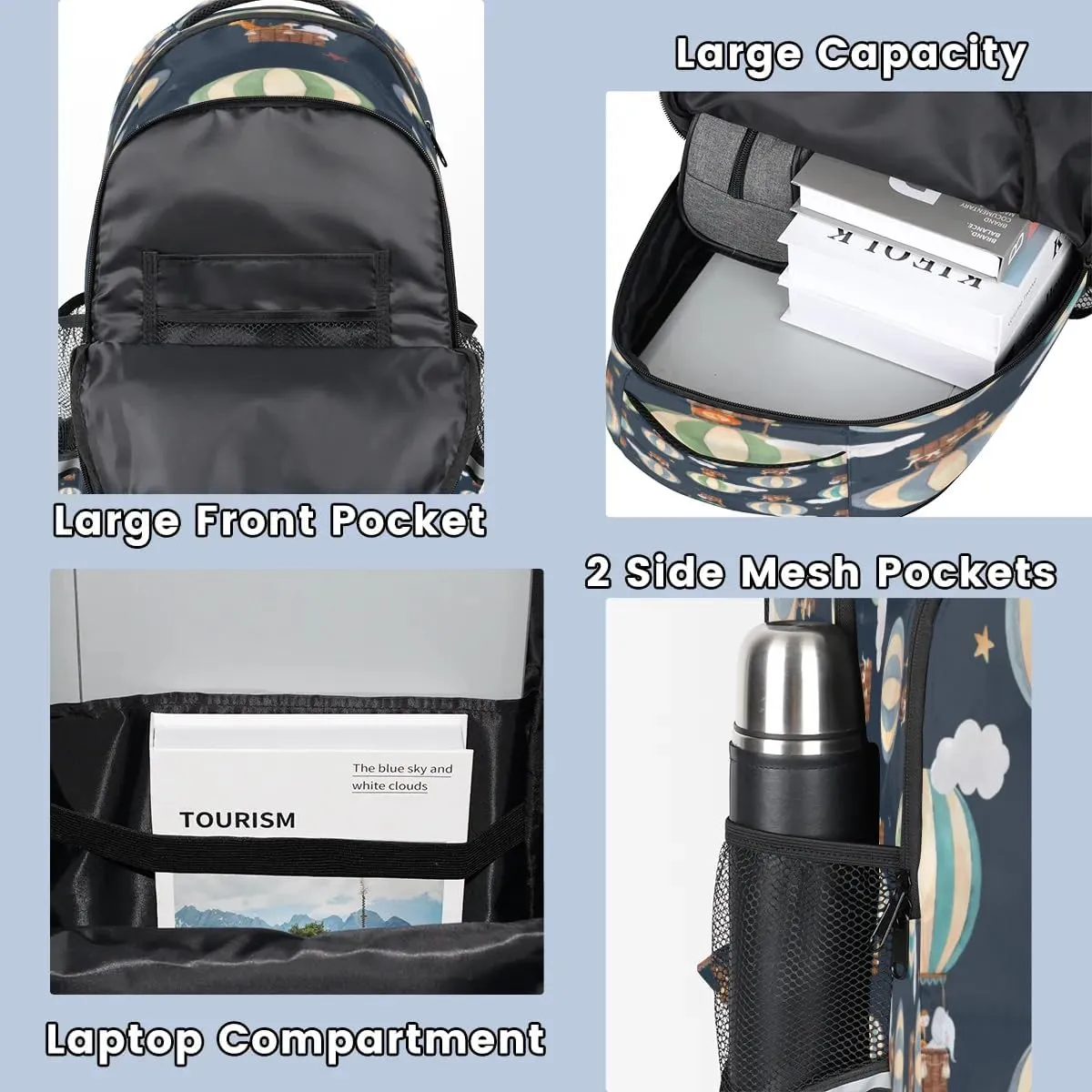 Hot Air Balloon Bear Laptop Backpack Lightweight College Backpack with Reflective Strip for Men Women Adult Casual Travel Hiking Gym Work Daypack