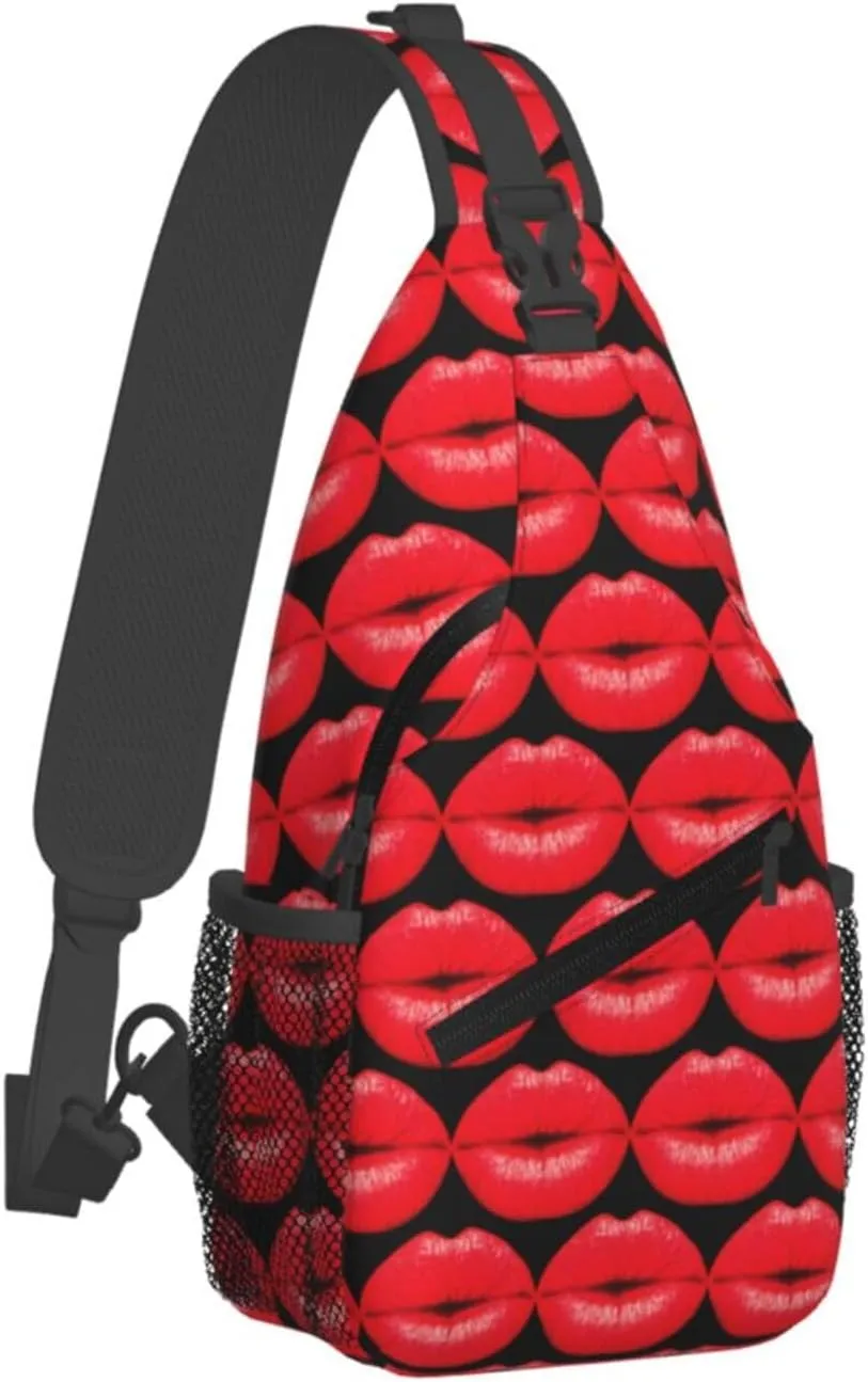 Hot Red Lips Kissing Crossbody Bag Cross Chest Bag Adjustable Sling Backpack Sports Gym Shoulder Bags Travel Cycling Daypack Diagonally Casual Rucksack