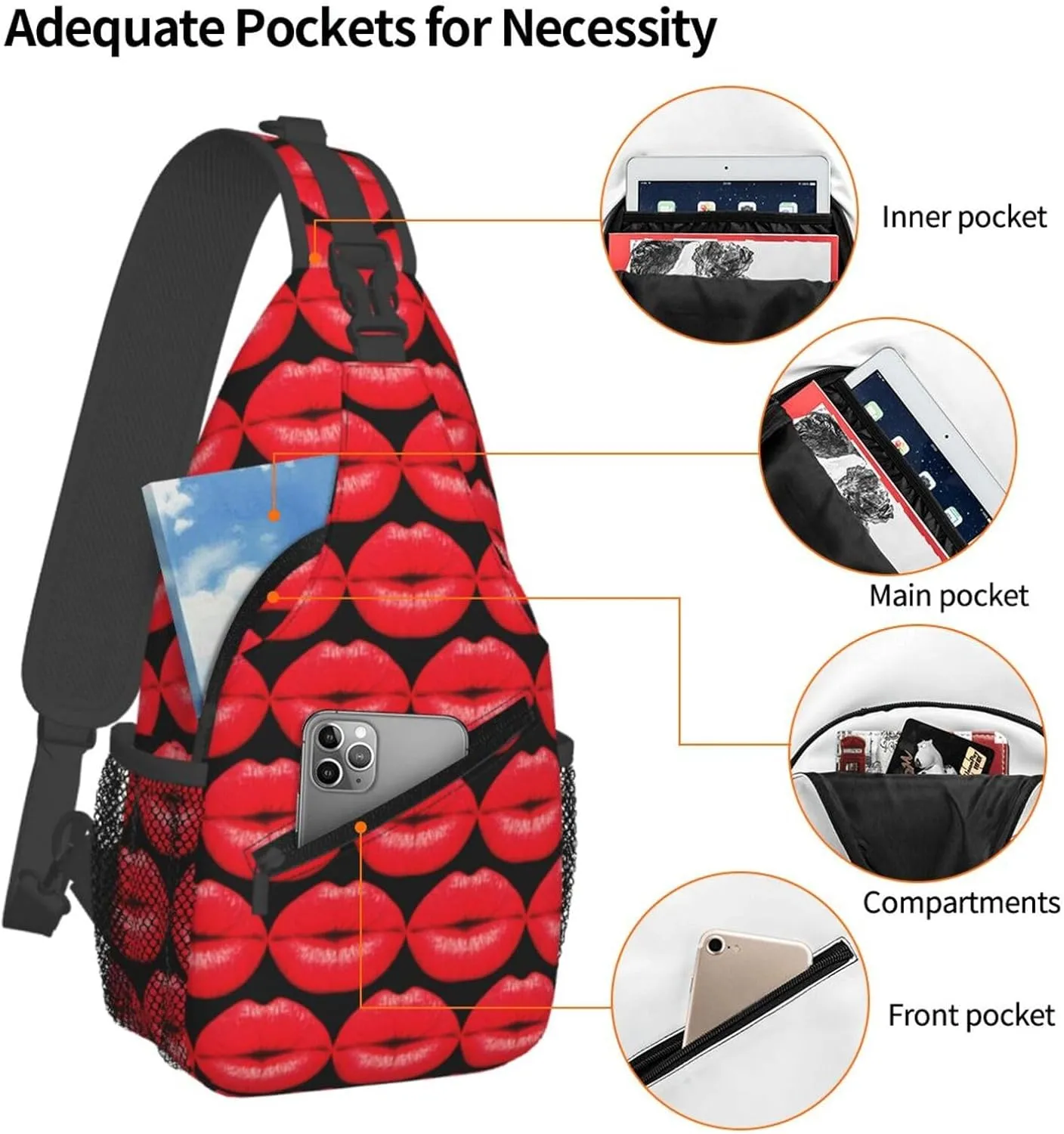 Hot Red Lips Kissing Crossbody Bag Cross Chest Bag Adjustable Sling Backpack Sports Gym Shoulder Bags Travel Cycling Daypack Diagonally Casual Rucksack