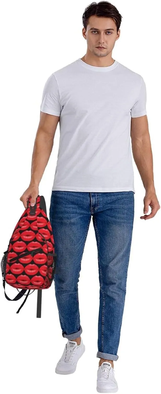 Hot Red Lips Kissing Crossbody Bag Cross Chest Bag Adjustable Sling Backpack Sports Gym Shoulder Bags Travel Cycling Daypack Diagonally Casual Rucksack