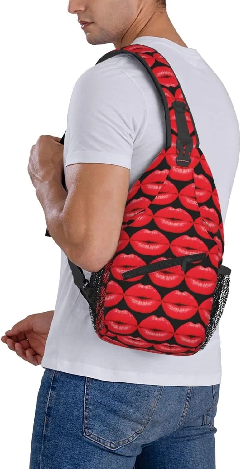 Hot Red Lips Kissing Crossbody Bag Cross Chest Bag Adjustable Sling Backpack Sports Gym Shoulder Bags Travel Cycling Daypack Diagonally Casual Rucksack