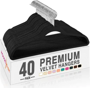 HOUSE DAY Premium Velvet Hangers, Non-Slip Thin Flocked Felt Hangers, Sturdy Heavy Duty Coat Clothes Hanger, Durable Suit Hanger for Closet Space Saving (40 Pack, Black)