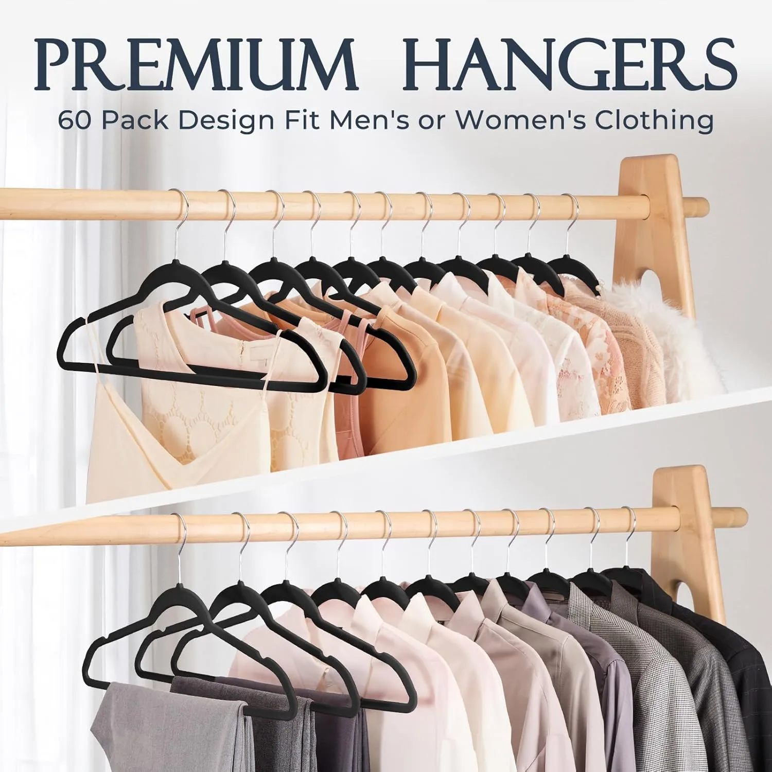 HOUSE DAY Premium Velvet Hangers, Non-Slip Thin Flocked Felt Hangers, Sturdy Heavy Duty Coat Clothes Hanger, Durable Suit Hanger for Closet Space Saving (40 Pack, Black)