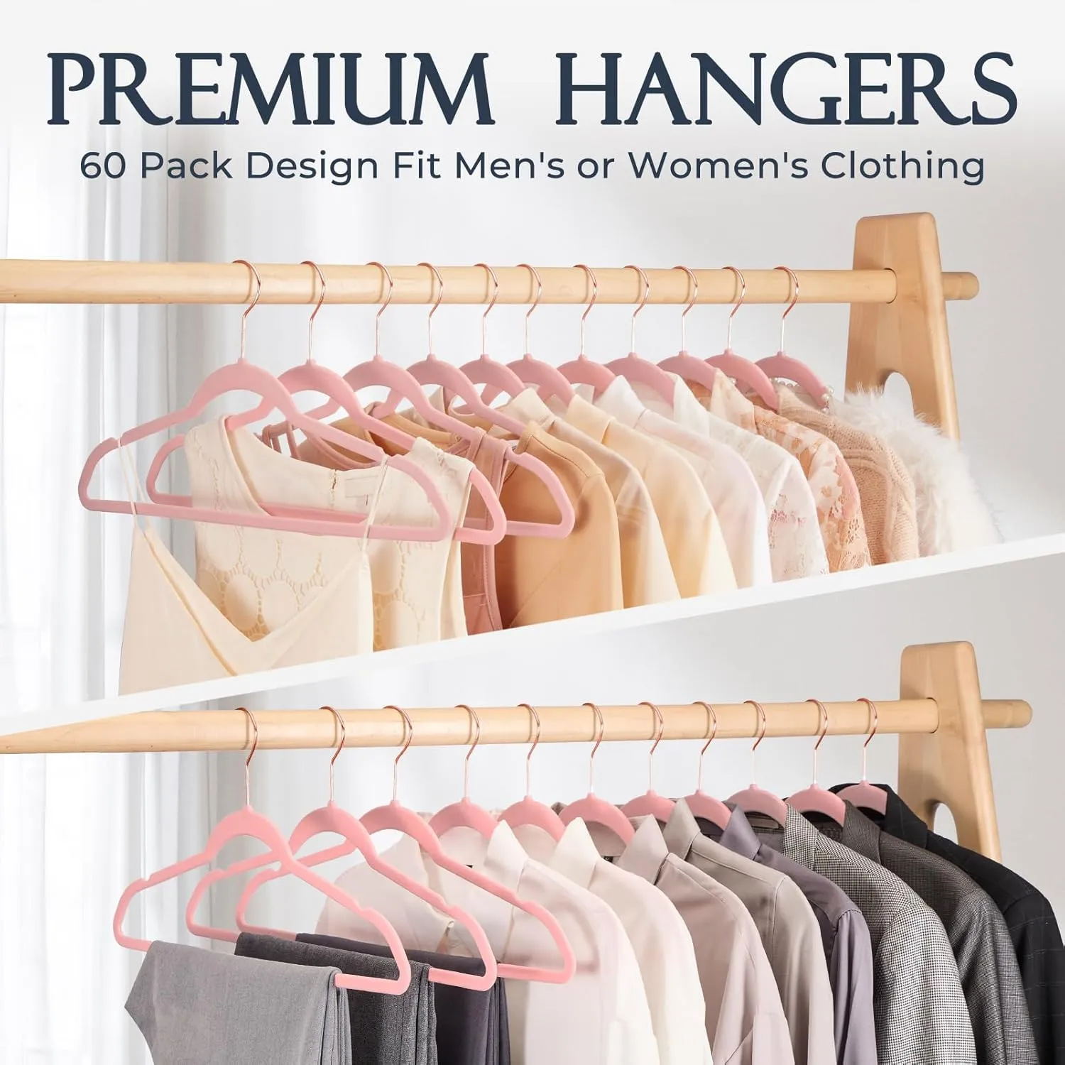 HOUSE DAY Velvet Hangers 30 Pack, Premium Non-Slip Felt Hangers, Sturdy Pink Clothes Hanger Heavy Duty, Space Saving Durable Suit Coat Hanger, 360° Rotating Rose Gold Hook