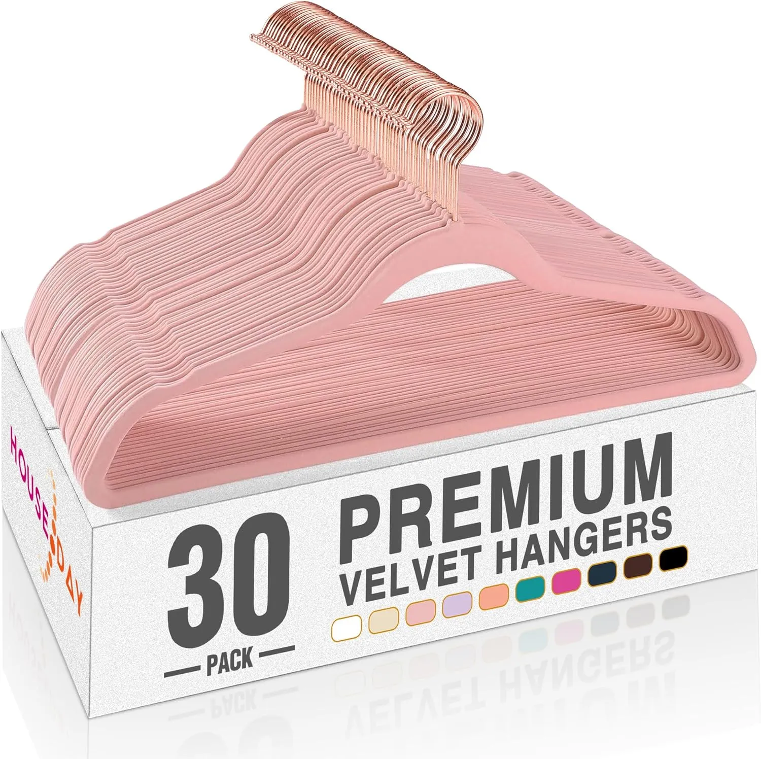 HOUSE DAY Velvet Hangers 30 Pack, Premium Non-Slip Felt Hangers, Sturdy Pink Clothes Hanger Heavy Duty, Space Saving Durable Suit Coat Hanger, 360° Rotating Rose Gold Hook