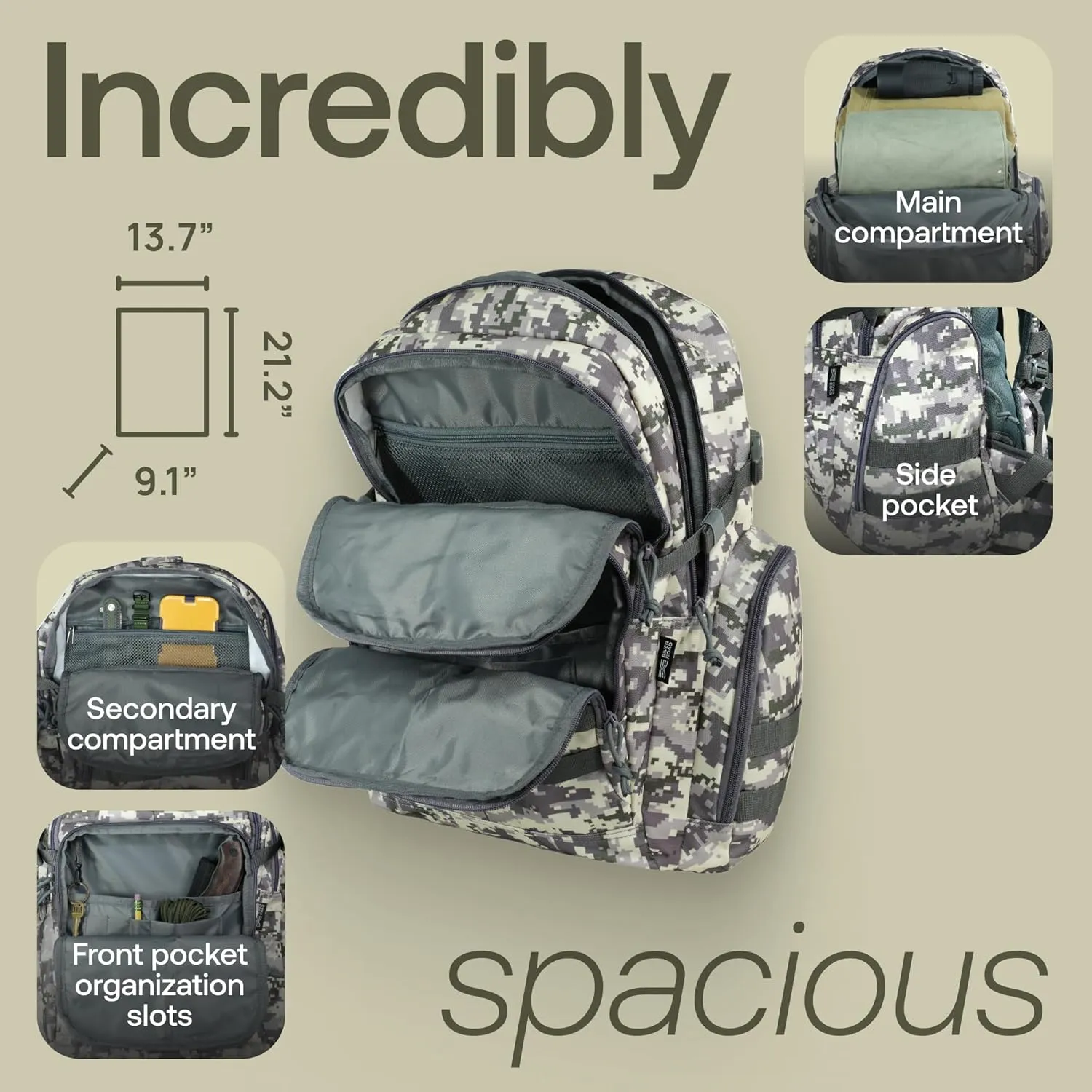 Huntex 40L Tactical Backpack for Men & Women in White Gray Camo - Military Style Backpack for Hunting - Hiking Travel Combat Backpack - Outdoor Tactical Backpacks Sport Mochila Tactica