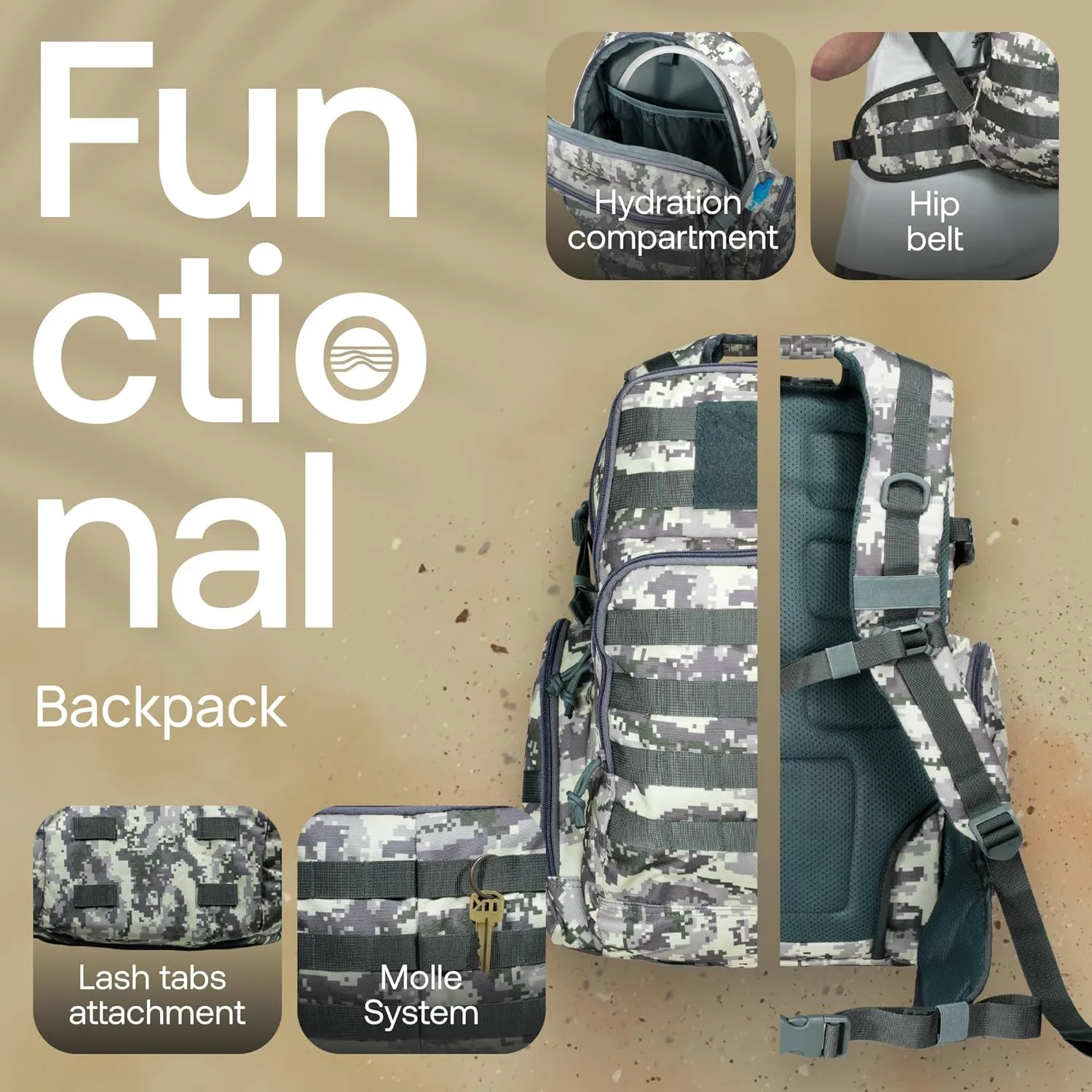 Huntex 40L Tactical Backpack for Men & Women in White Gray Camo - Military Style Backpack for Hunting - Hiking Travel Combat Backpack - Outdoor Tactical Backpacks Sport Mochila Tactica