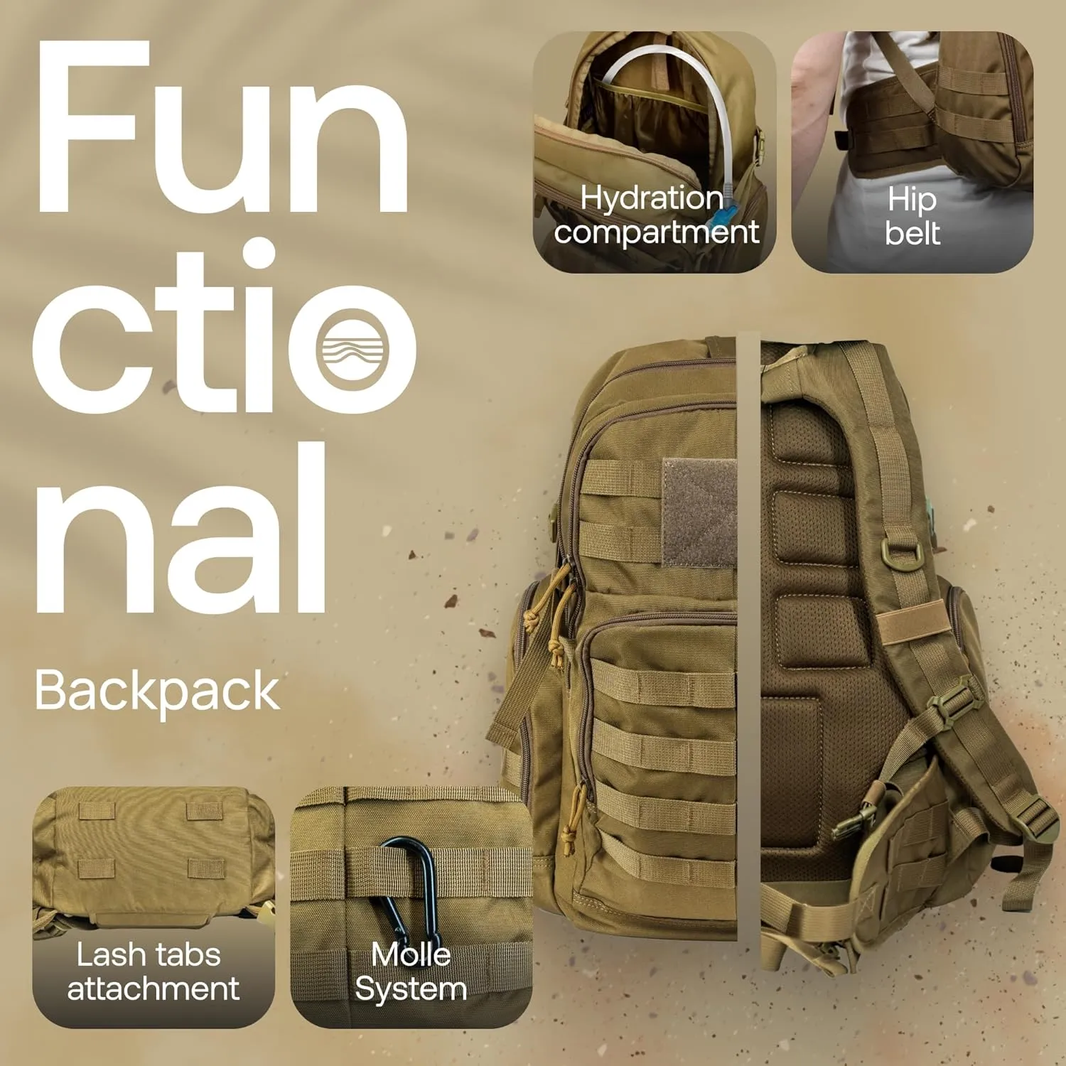 Huntex 40L Tactical Backpack for Men and Women in Khaki - Military Style for Hunting, Hiking & Travel Combat Backpack - Outdoor Tactical Backpacks & Sport Mochila Tactica