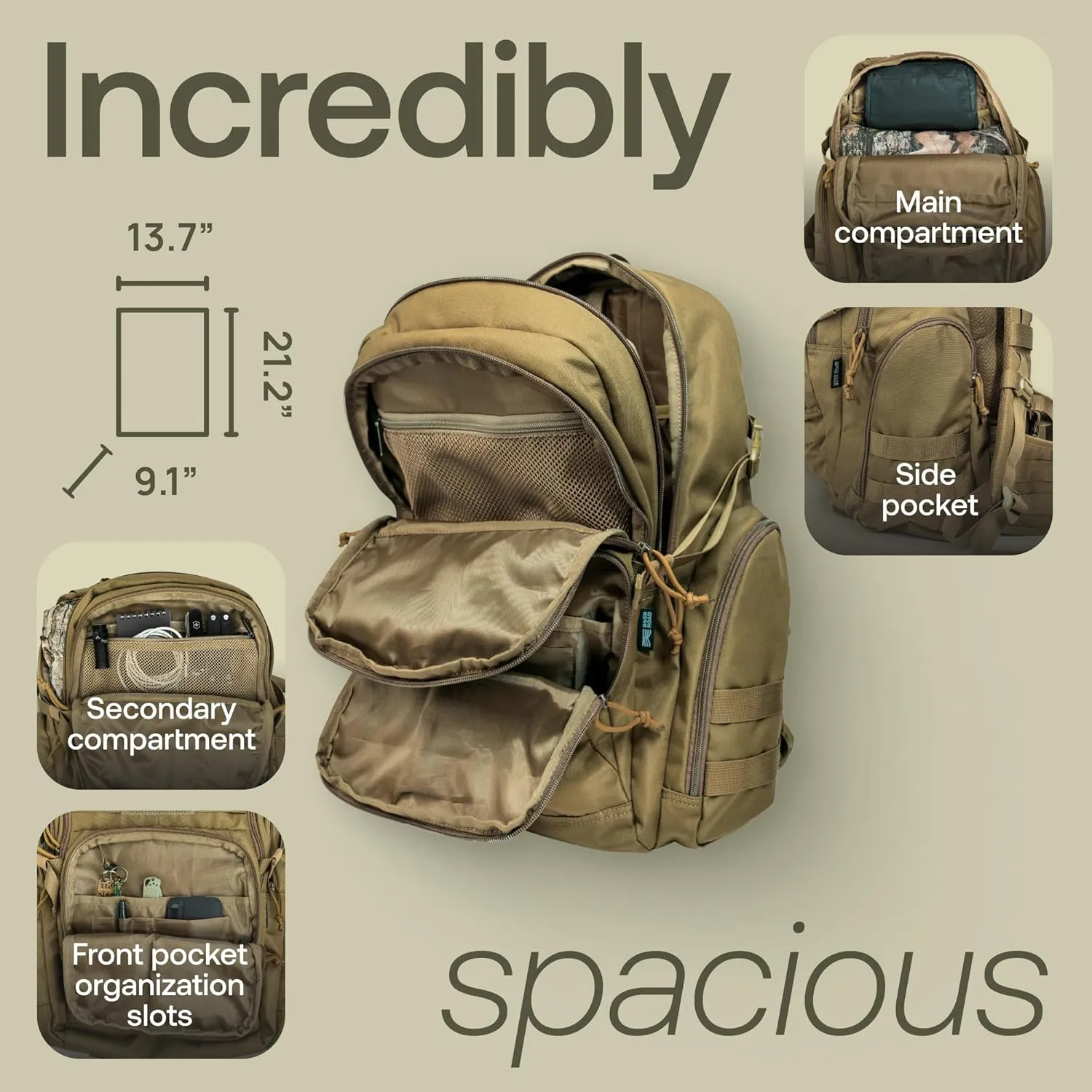 Huntex 40L Tactical Backpack for Men and Women in Khaki - Military Style for Hunting, Hiking & Travel Combat Backpack - Outdoor Tactical Backpacks & Sport Mochila Tactica