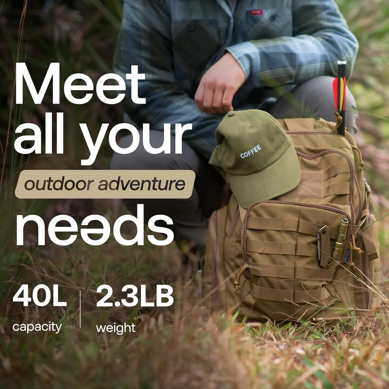 Huntex 40L Tactical Backpack for Men and Women in Khaki - Military Style for Hunting, Hiking & Travel Combat Backpack - Outdoor Tactical Backpacks & Sport Mochila Tactica