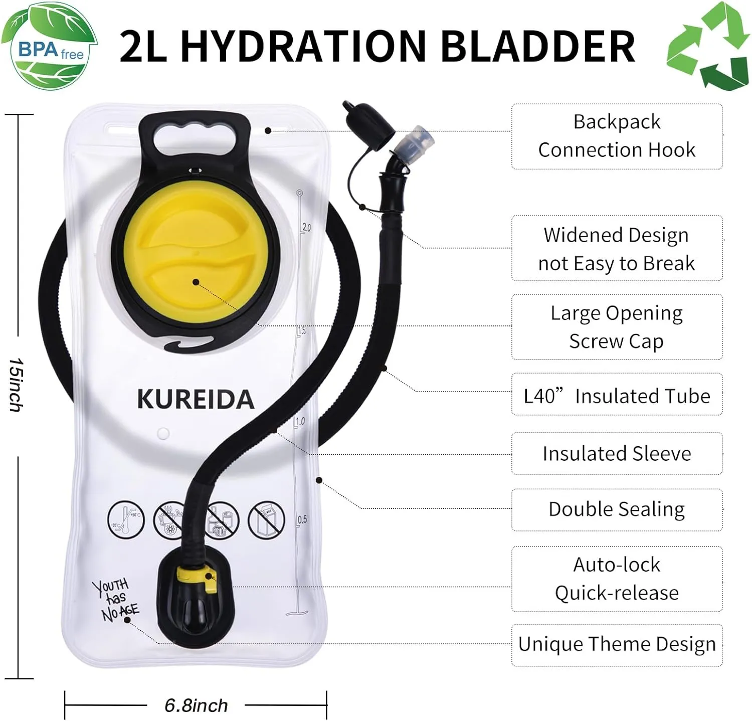Hydration Bladder 2 Liter, BPA Free Water Bladder for Hiking Backpack Water Storage Bag with Insulated Tube, Hydration Backpack Replacement for Outdoor Camping Running Hiking