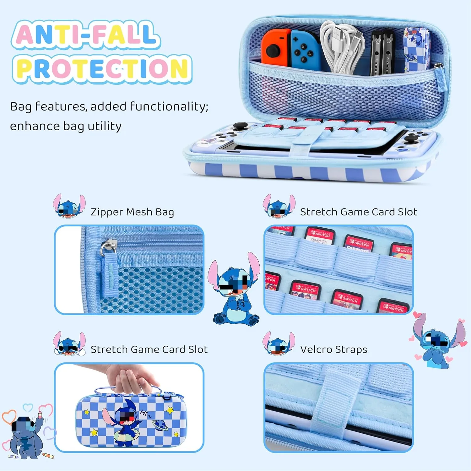 HYPERCASE Cute Carrying Case Set for Nintendo Switch OELD, with Blue Cartoon Travel Bag for OLED Accessories, Hardshell Switch OLED Protective Cover, Screen Protector, Shoulder Straps & 2 thump caps