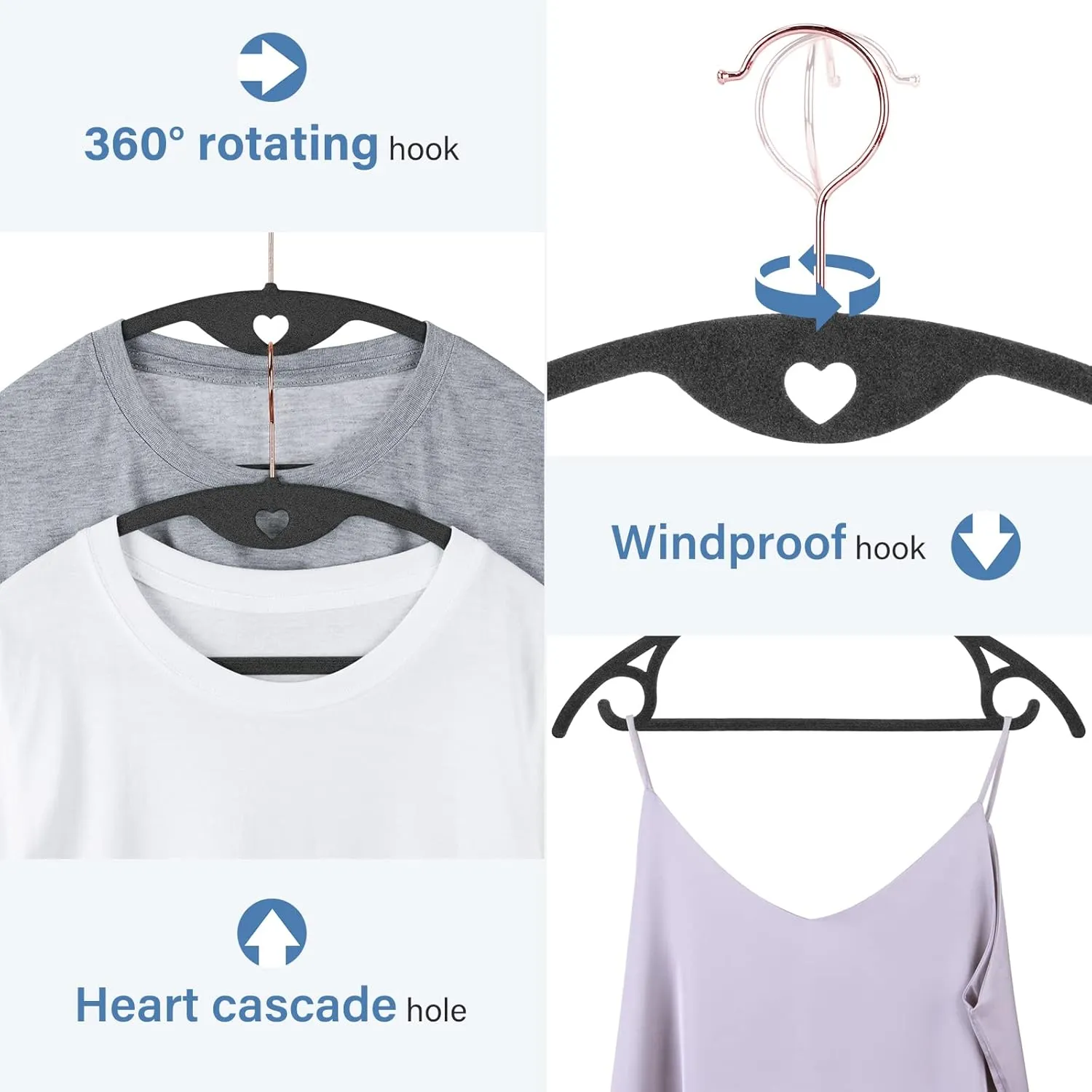 IEOKE Velvet Clothes Hangers, 50 Pack No Shoulder Bumps Ultra Thin Space Saving 360 Degree Swivel Heavy Duty Hook Durable Hanger for Suit, Sweaters, Coat, Jackets, Pants, Shirts (Gray)