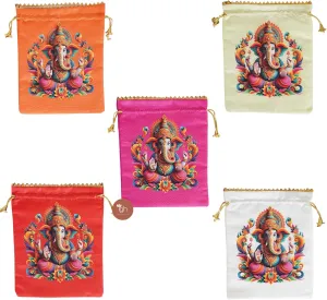 IGH Potli Bag for Women Traditional Silk Potli Ganesha Decorative Printed Potli Purse for Return Gift, Indian Designer Batwa Handmade Clutch Handbag 9x8 Inches [5 Pack Multicolour]