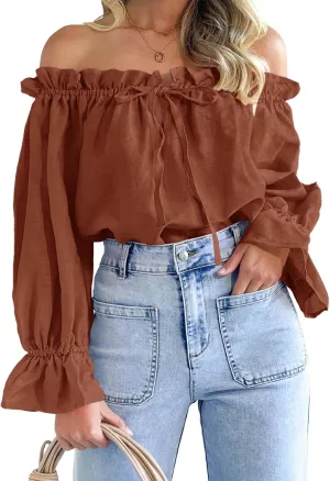 Imily Bela Womens Off The Shoulder Tops Puff Long Sleeve Tie Front Loose Fit Ruffle Shirts Blouses