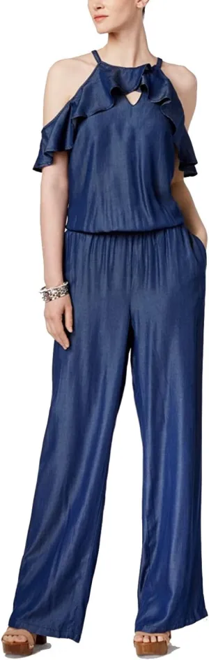 INC Womens Off-The-Shoulder Cold Shoulder Jumpsuit Blue M