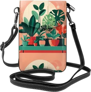 Indoor Potted Green Plants Women'S With Tassel Small Crossbody Leather Cell Phone Bag Purse For Walking Camping Shopping Dating
