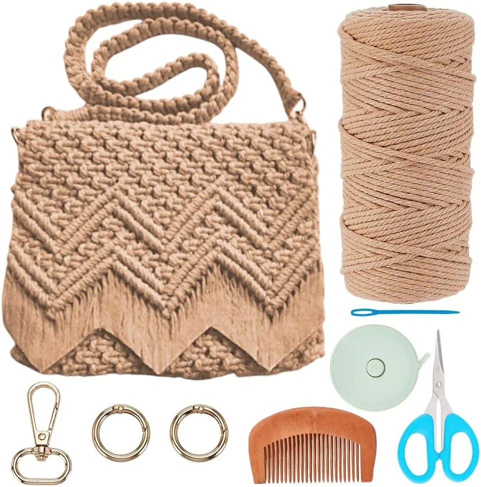 INFUNLY DIY Macrame Bag Kit for Adults Beginners Brown Boho Macrame Tote Bag with Tassels Knotting Handbag Macrame Kit Shoulder Bag Macrame Kit for Holiday with Video Instruction for Women Beach Gift