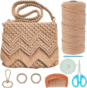 INFUNLY DIY Macrame Bag Kit for Adults Beginners Brown Boho Macrame Tote Bag with Tassels Knotting Handbag Macrame Kit Shoulder Bag Macrame Kit for Holiday with Video Instruction for Women Beach Gift