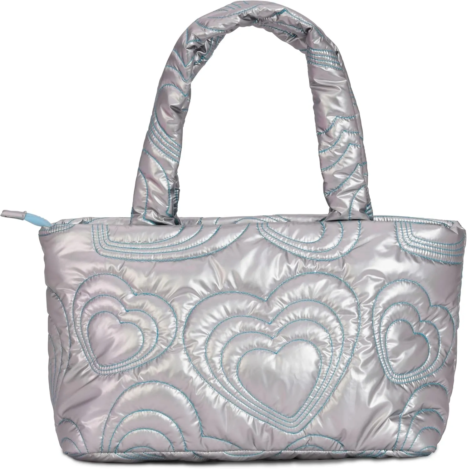 iscream 18" x 9.5" Overnight Puffer Heart Quilt Travel Tote Bag with Dual Handles and Zipper Closure - Silver Metallic