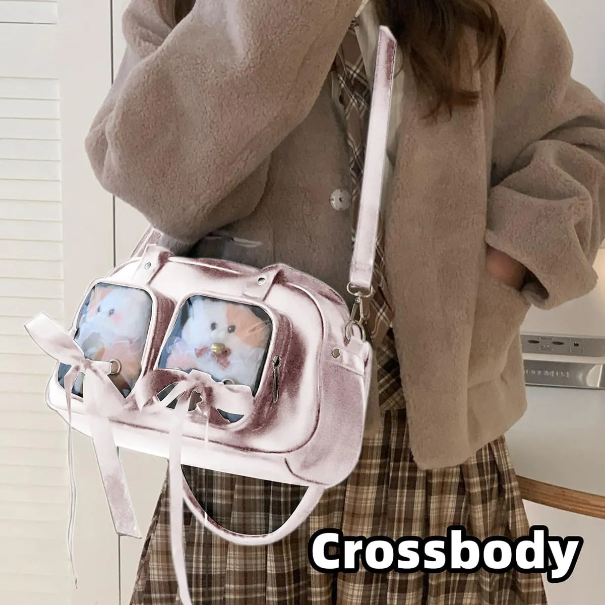 Ita Bag for Anime Cosplay - Kawaii Shoulder Purse with 2 Clear Display Windows & Aesthetic Bow, Dolls Not Included
