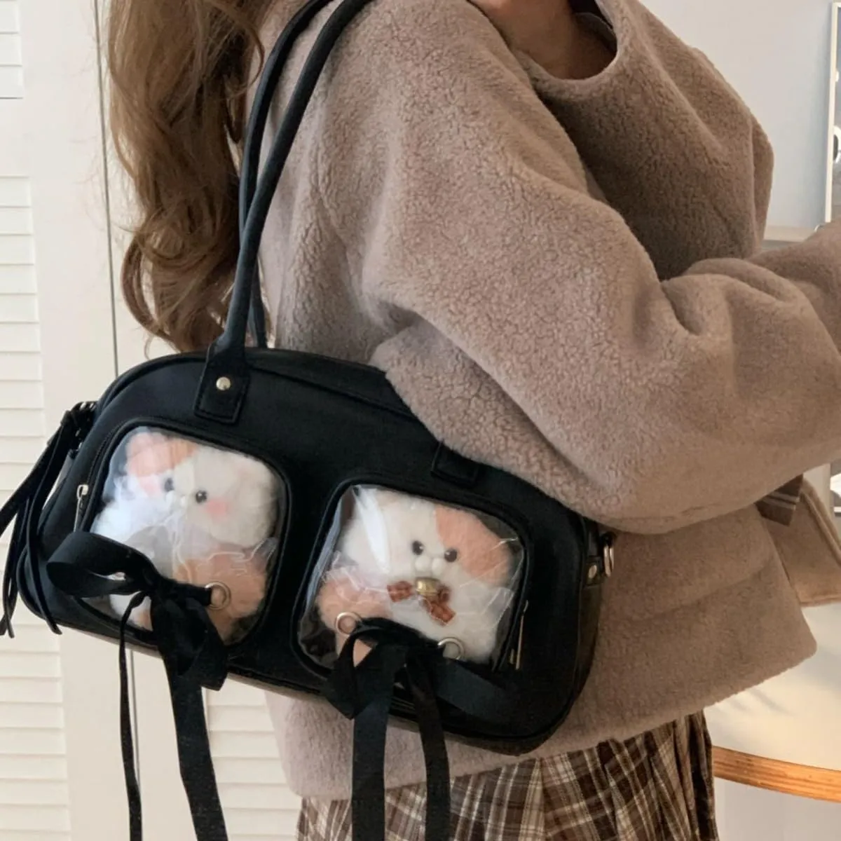 Ita Bag for Anime Cosplay - Kawaii Shoulder Purse with 2 Clear Display Windows & Aesthetic Bow, Dolls Not Included
