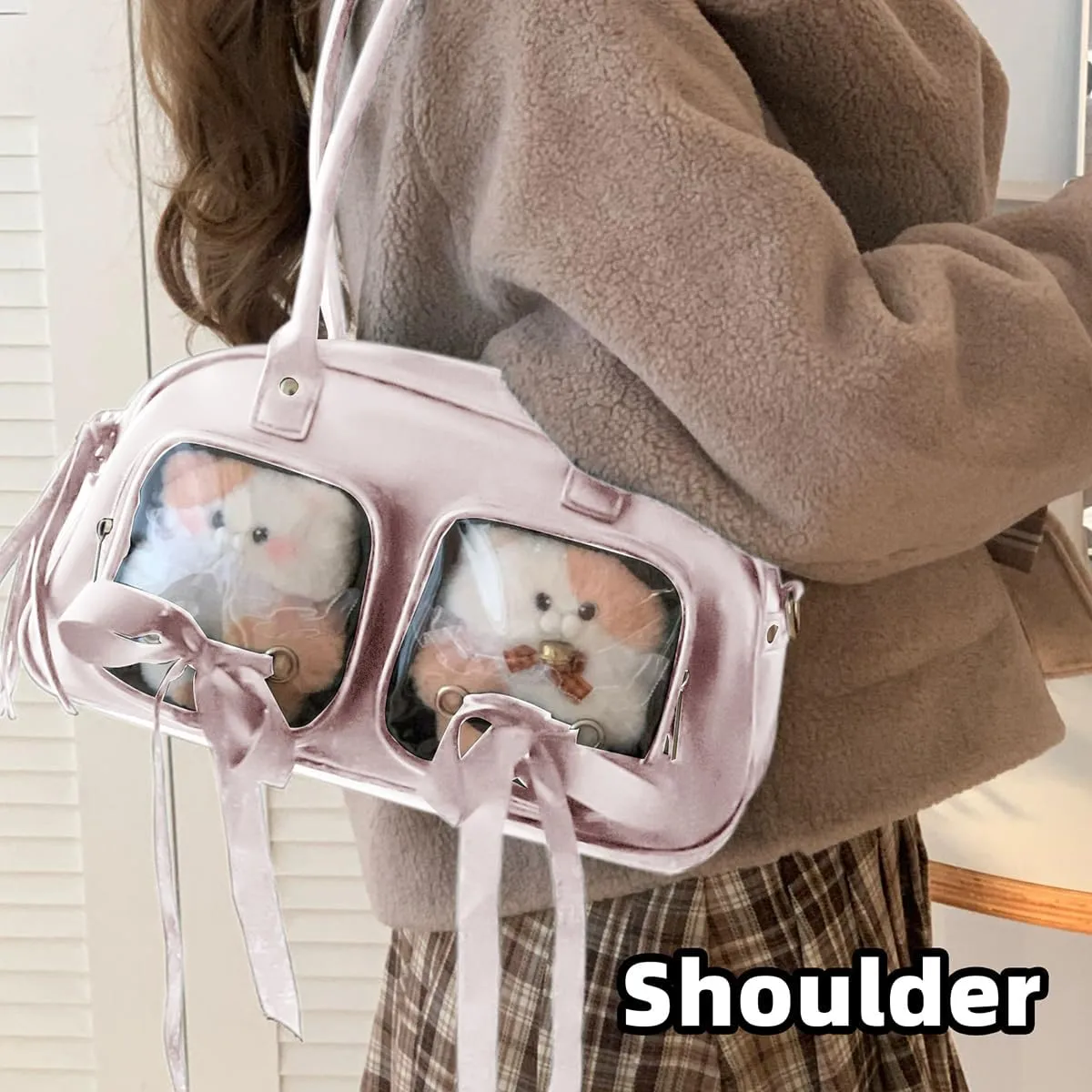 Ita Bag for Anime Cosplay - Kawaii Shoulder Purse with 2 Clear Display Windows & Aesthetic Bow, Dolls Not Included