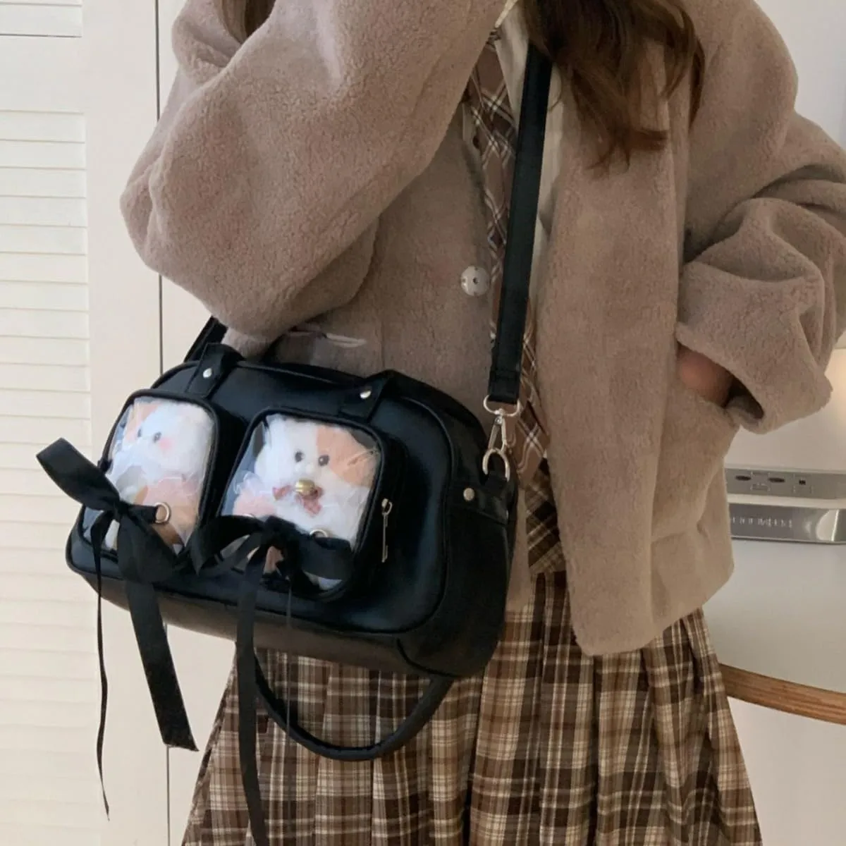 Ita Bag for Anime Cosplay - Kawaii Shoulder Purse with 2 Clear Display Windows & Aesthetic Bow, Dolls Not Included