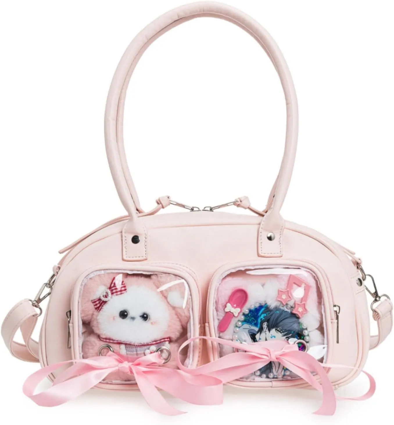 Ita Bag for Anime Cosplay - Kawaii Shoulder Purse with 2 Clear Display Windows & Aesthetic Bow, Dolls Not Included
