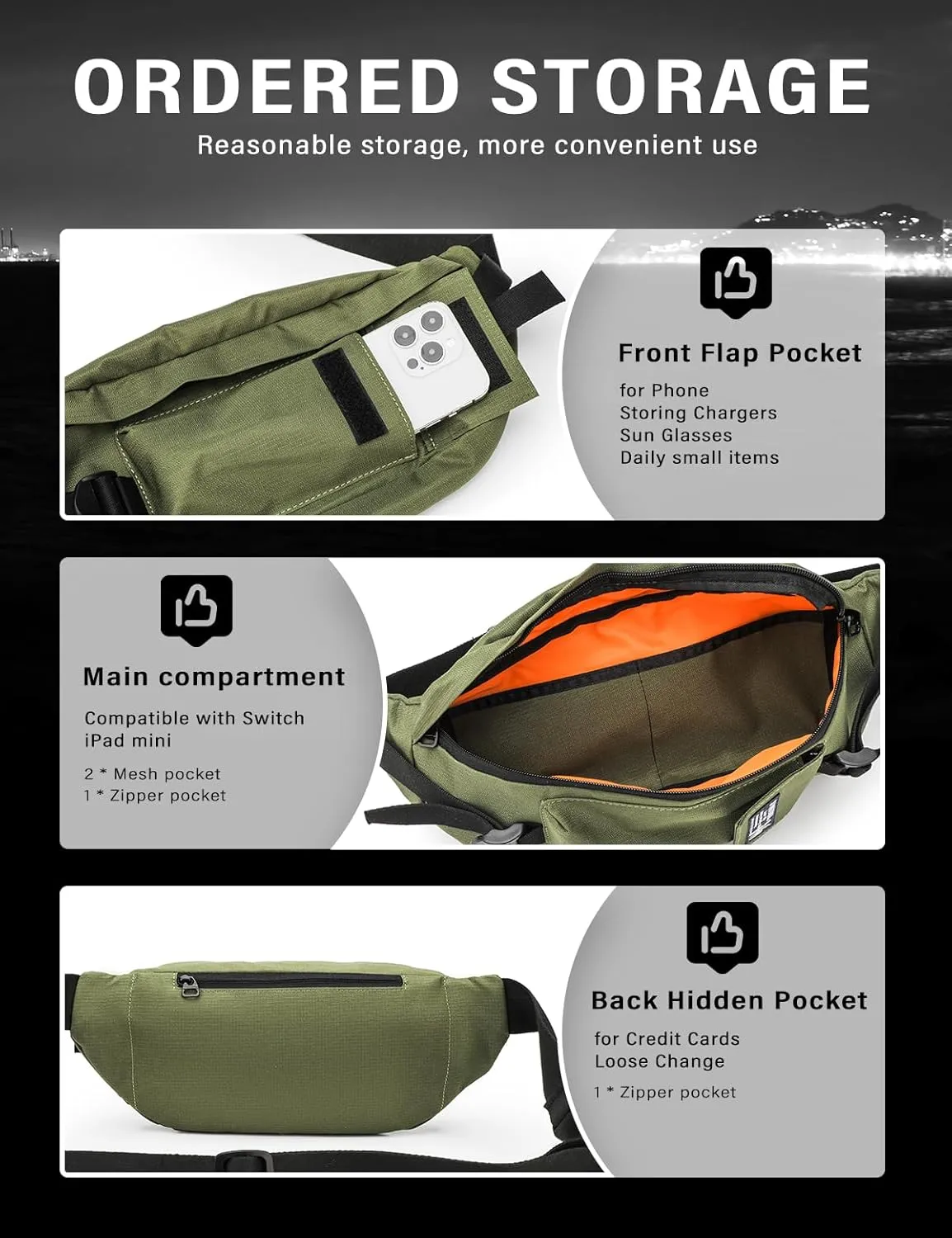 JEMINAL Sling Bag: Diamond-Grid Pattern 4L Light Spacious Crossbody Shoulder Everyday Carry Bag with Quick-adjust Strap - Double Layered Fabric Funny Pack for Men, Women, Travel, Sport (Green)