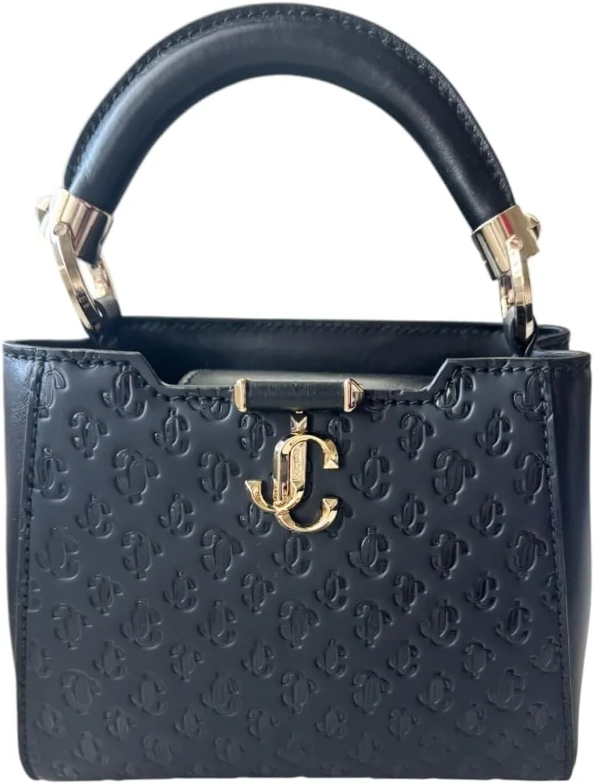 JIMMY CHOO Varenne JG Monogram Black Calfskin Leather Small Tote Bag