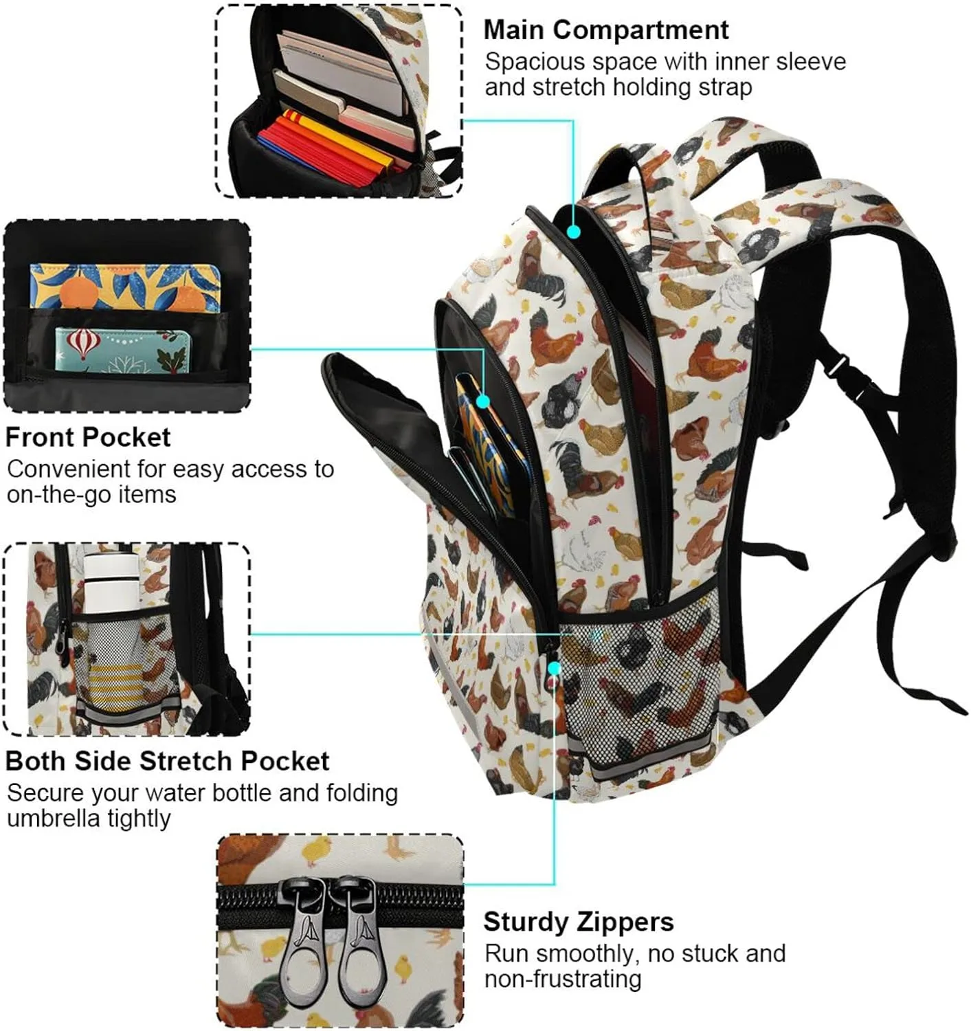 JIPONI Cute Chicken Rooster Pattern Backpack For Girls Boys School Kids Bookbag Travel Laptop Backpack Purse Daypack With Chest Strap