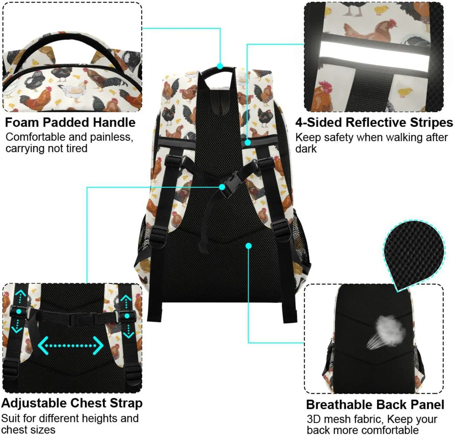 JIPONI Cute Chicken Rooster Pattern Backpack For Girls Boys School Kids Bookbag Travel Laptop Backpack Purse Daypack With Chest Strap
