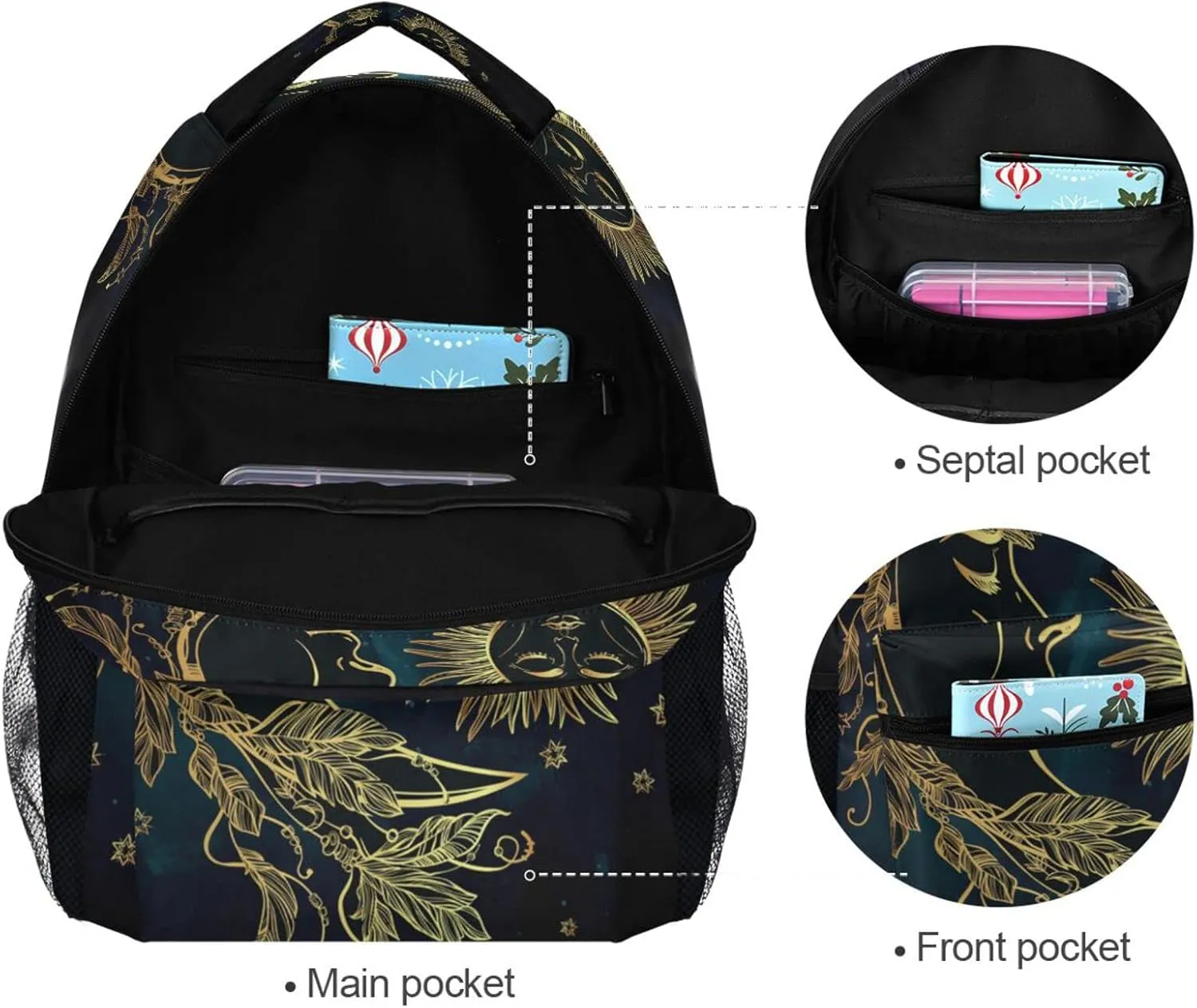 JIPONI Ethnic Moon Sun Star Backpack For Women Men, Student School Bag Bookbag Travel Laptop Backpack Purse Daypack
