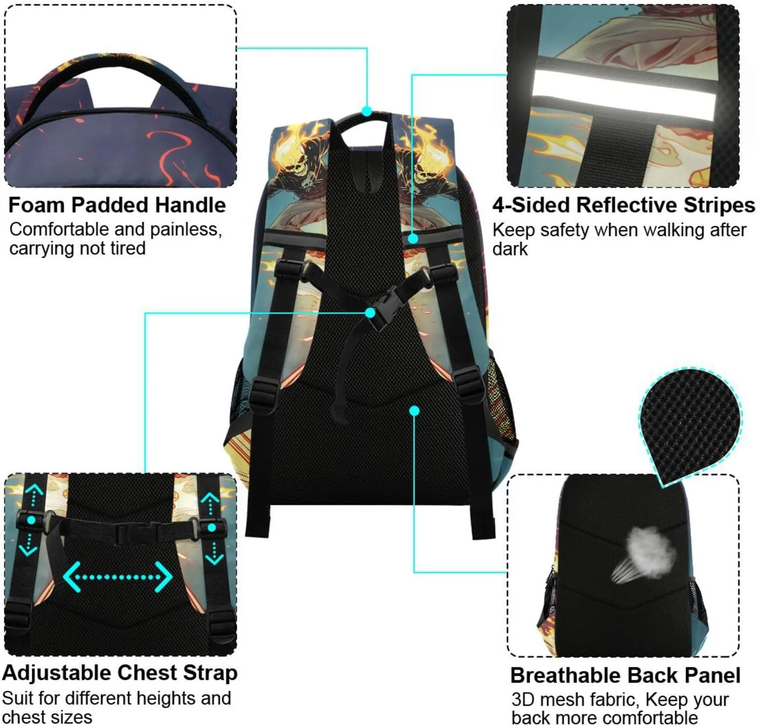 JIPONI Skull Cool Rider Backpack For Girls Boys School Kids Bookbag Travel Laptop Backpack Purse Daypack With Chest Strap