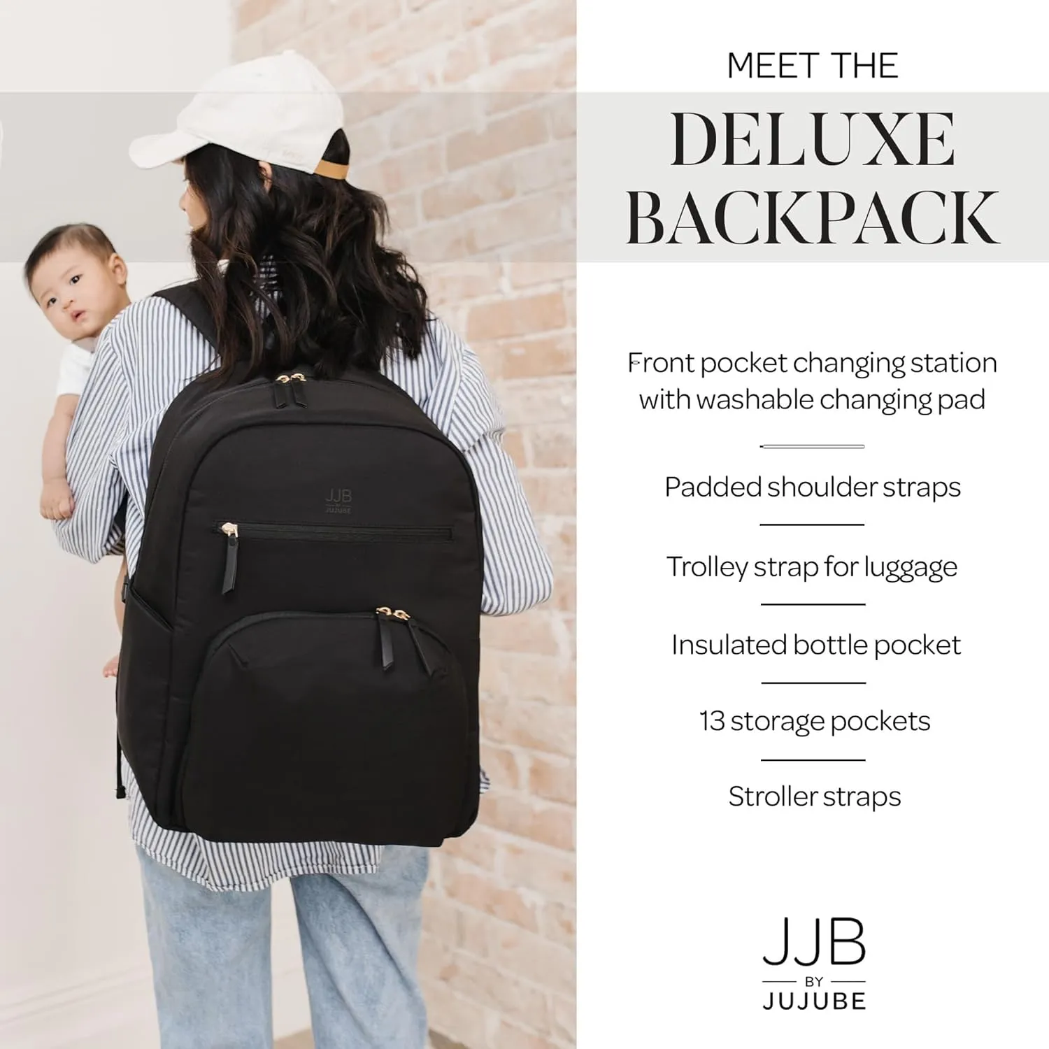JuJuBe New Deluxe Diaper Bag Backpack with Portable Changing Pad, Stroller Straps, Large Travel Backpack for Boy or Girl, Carrying Baby Bottles, Diapers, Pacifiers, Black, Mother's Day Gift