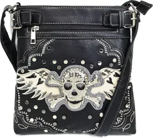 Justin West Women's Rhinestone Skull Crossbones with Angel Wings Shoulder Handbag