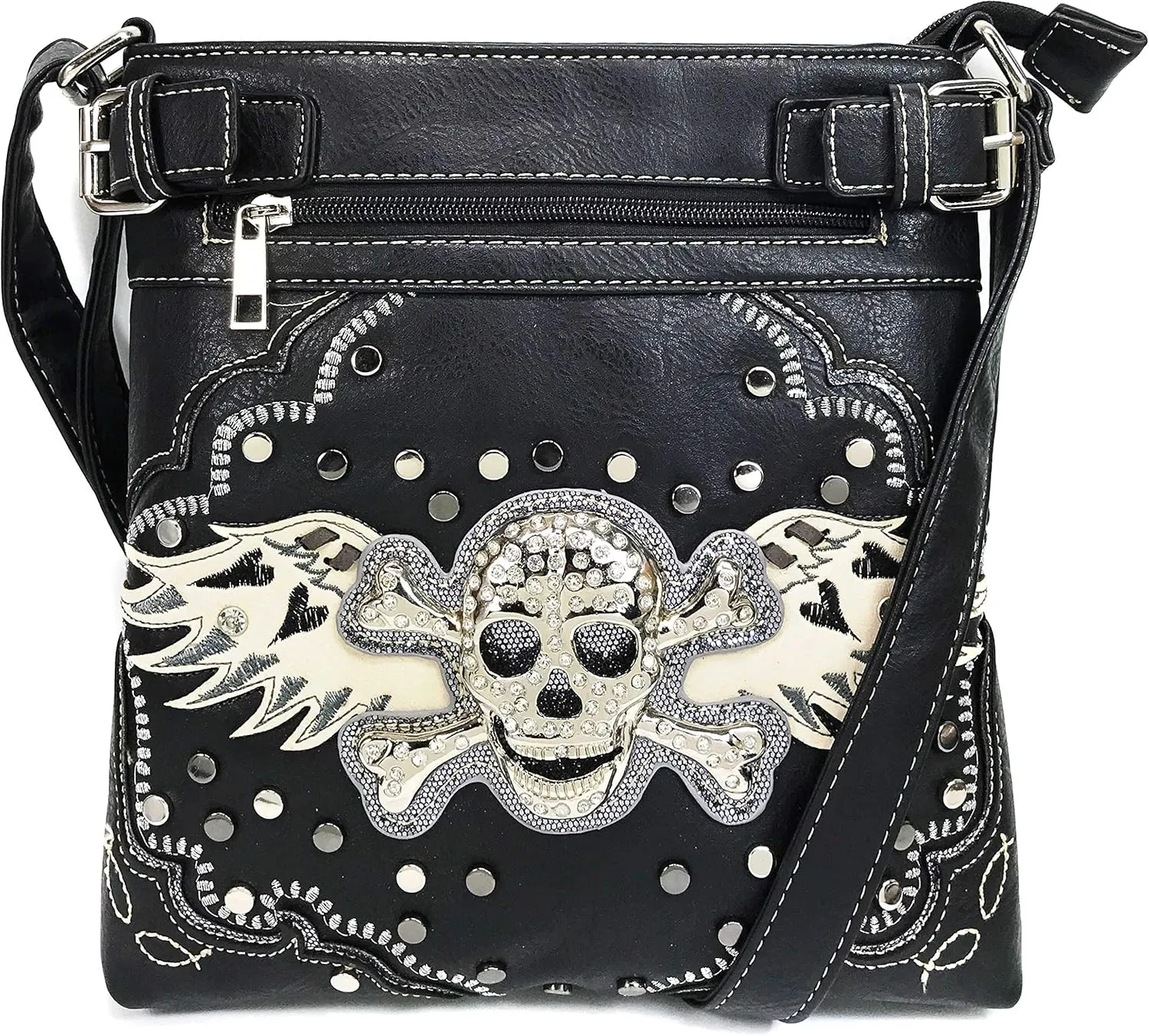 Justin West Women's Rhinestone Skull Crossbones with Angel Wings Shoulder Handbag