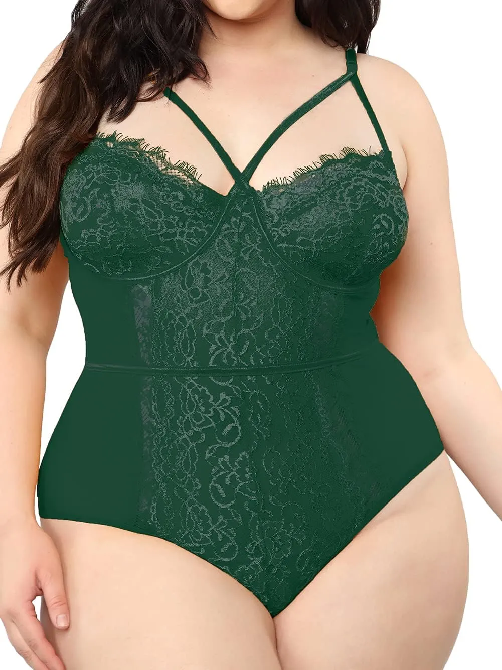 Kaei&Shi Plus Size Eyelash Lace Bodysuit, Snap Crotch Sexy Top Lingerie, Club Outfit